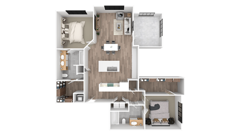 a 3d floor plan of a bedroom with a bathroom and a living room